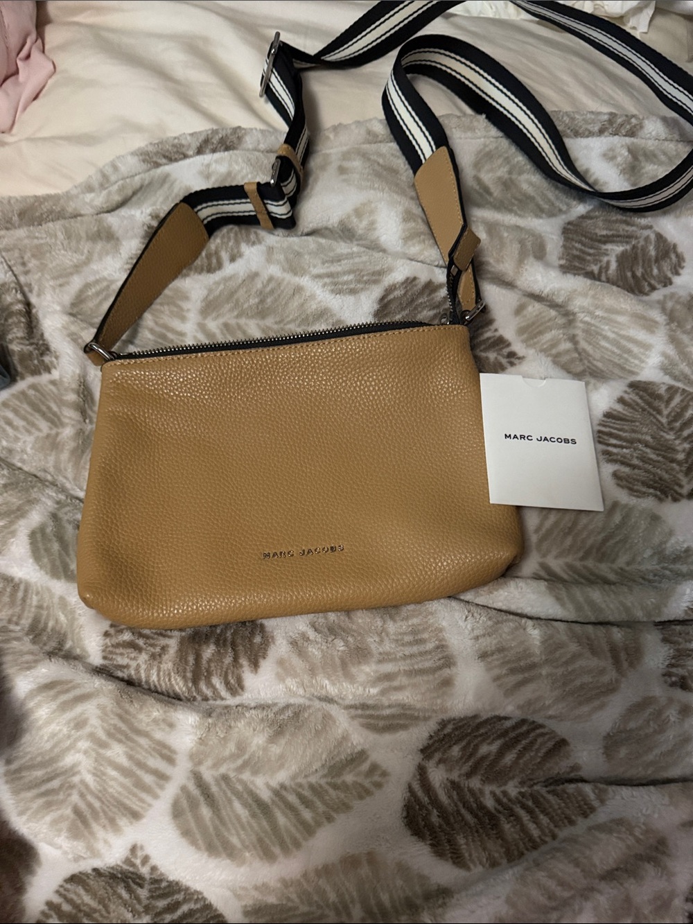 Marc Jacobs Caramel Pebbled Leather Crossbody with Striped Webbing Strap